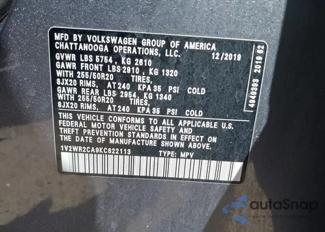 2019 Volkswagen Atlas 3.6L V6 Se W/Technology from USA, damaged, VIN 1V2WR2CA9KC622113